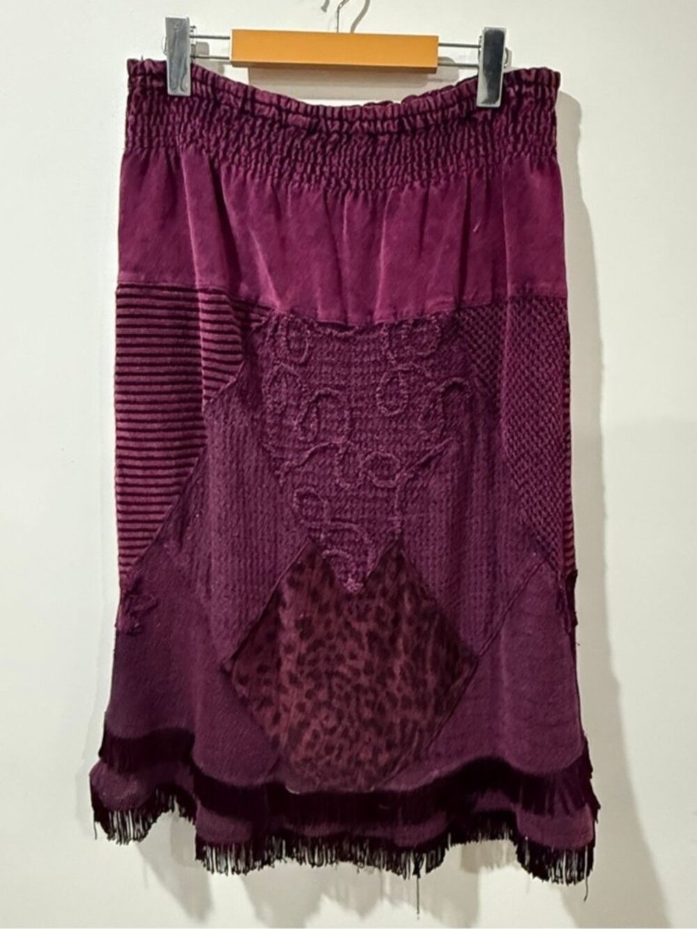 Boho Patchwork Fringe Midi Skirt Purple Lined Elastic Waist EST. Women’s M/L - Picture 8 of 9